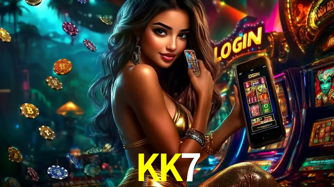 Mulher em um cenário de cassino temático de aventura, mostrando o app de caça-níqueis da KK7 no celular. Fichas de apostas flutuam ao redor.