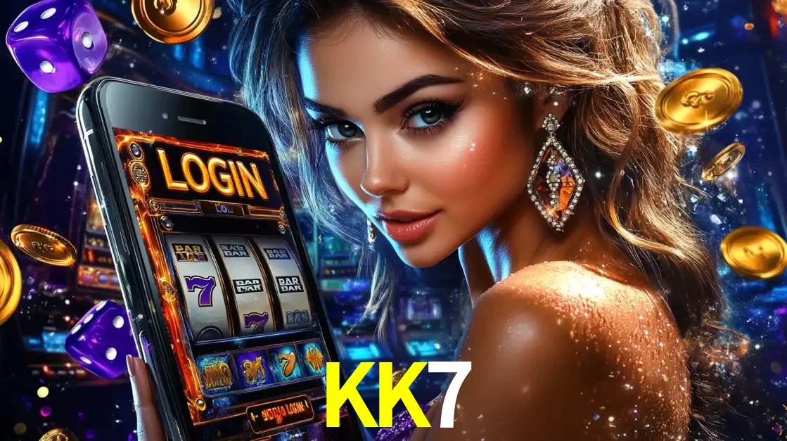 Mulher glamorosa segurando um smartphone com a tela de login para os jogos de caça-níqueis do cassino online KK7, com moedas de ouro e dados ao redor.