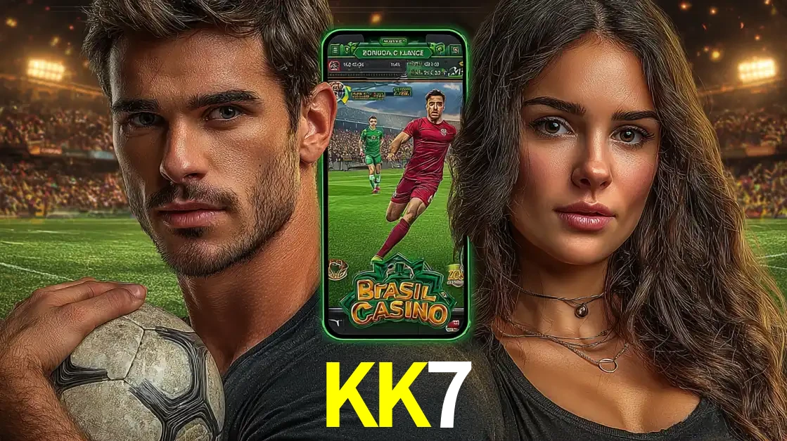 Homem segurando uma bola de futebol e uma mulher ao lado de um smartphone exibindo o jogo de apostas esportivas da KK7. Faça seu palpite no cassino online.
